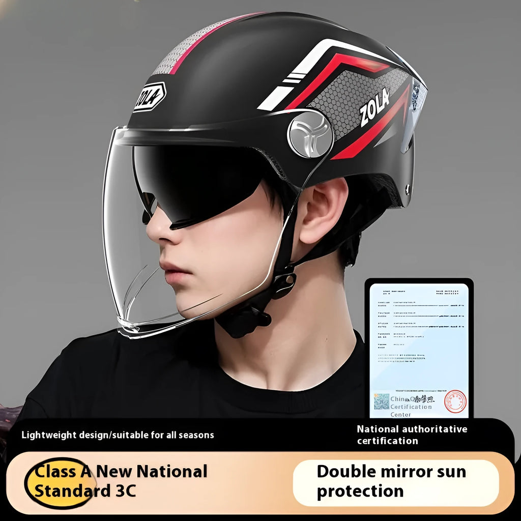 3C-certified ABS plastic half helmet for motorcycles with a double mirror visor, shown in a light brown colour variant.
