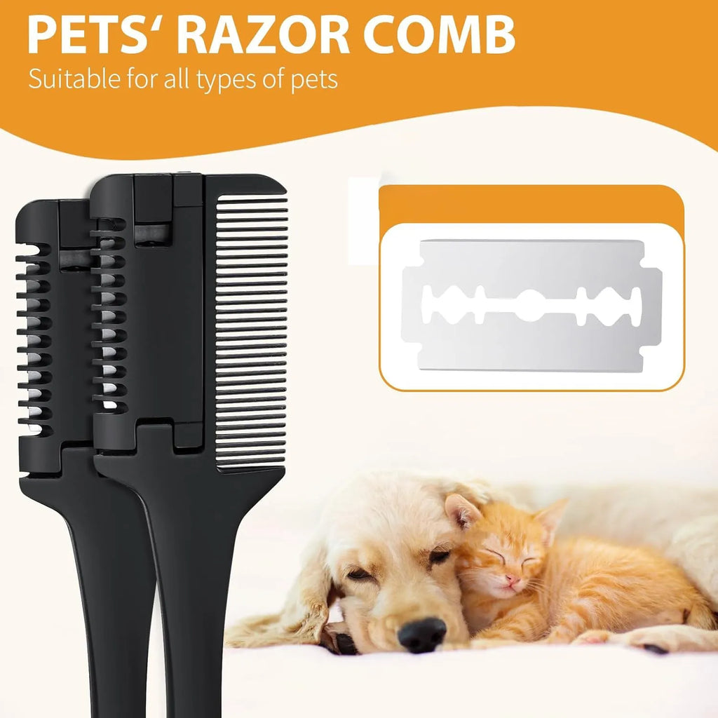 Pet razor comb and trimmer tool with comb teeth and blade, includes replacement blades, for dog and cat grooming.