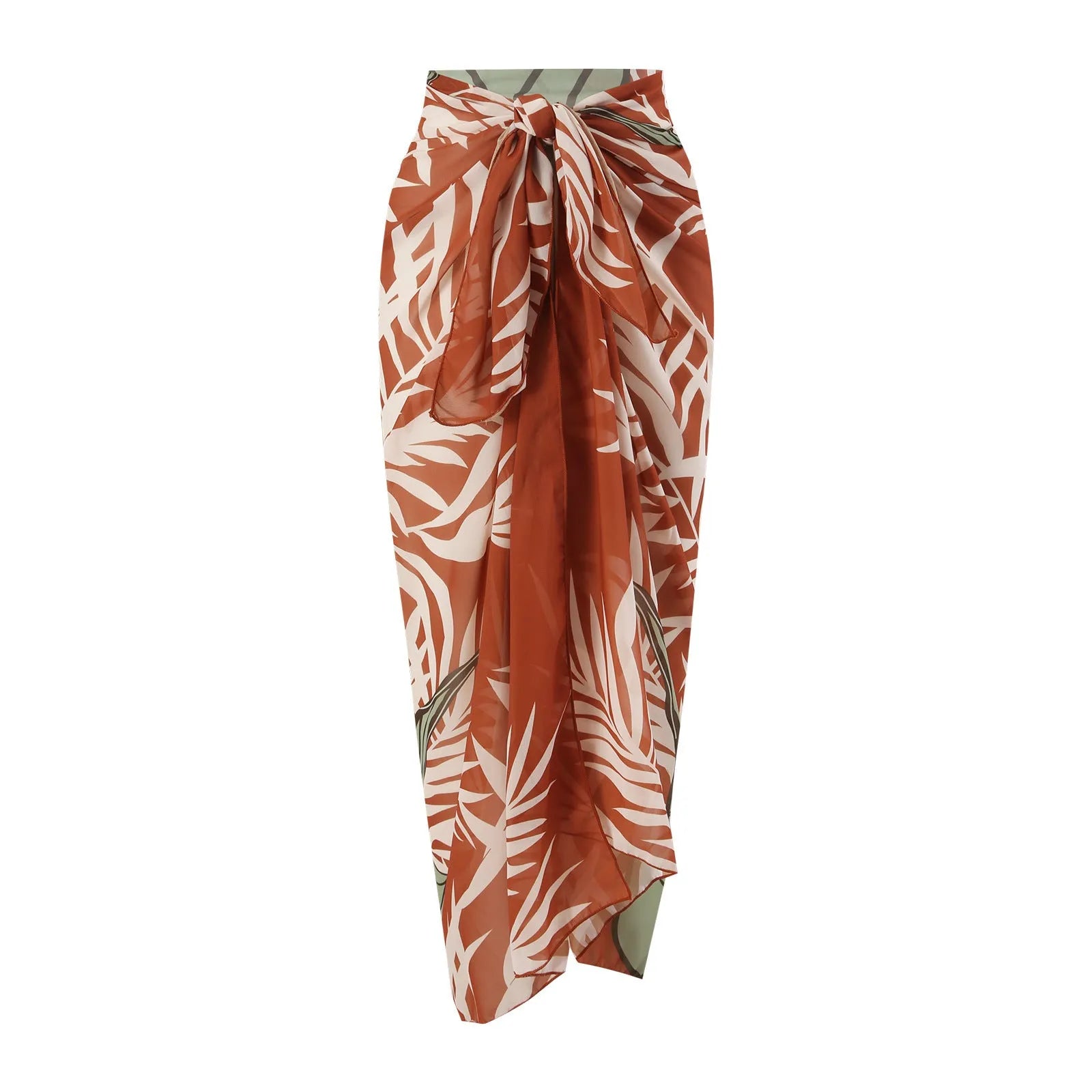 Women's brown high-waist push-up bikini with a sheer split chiffon dress overlay.
