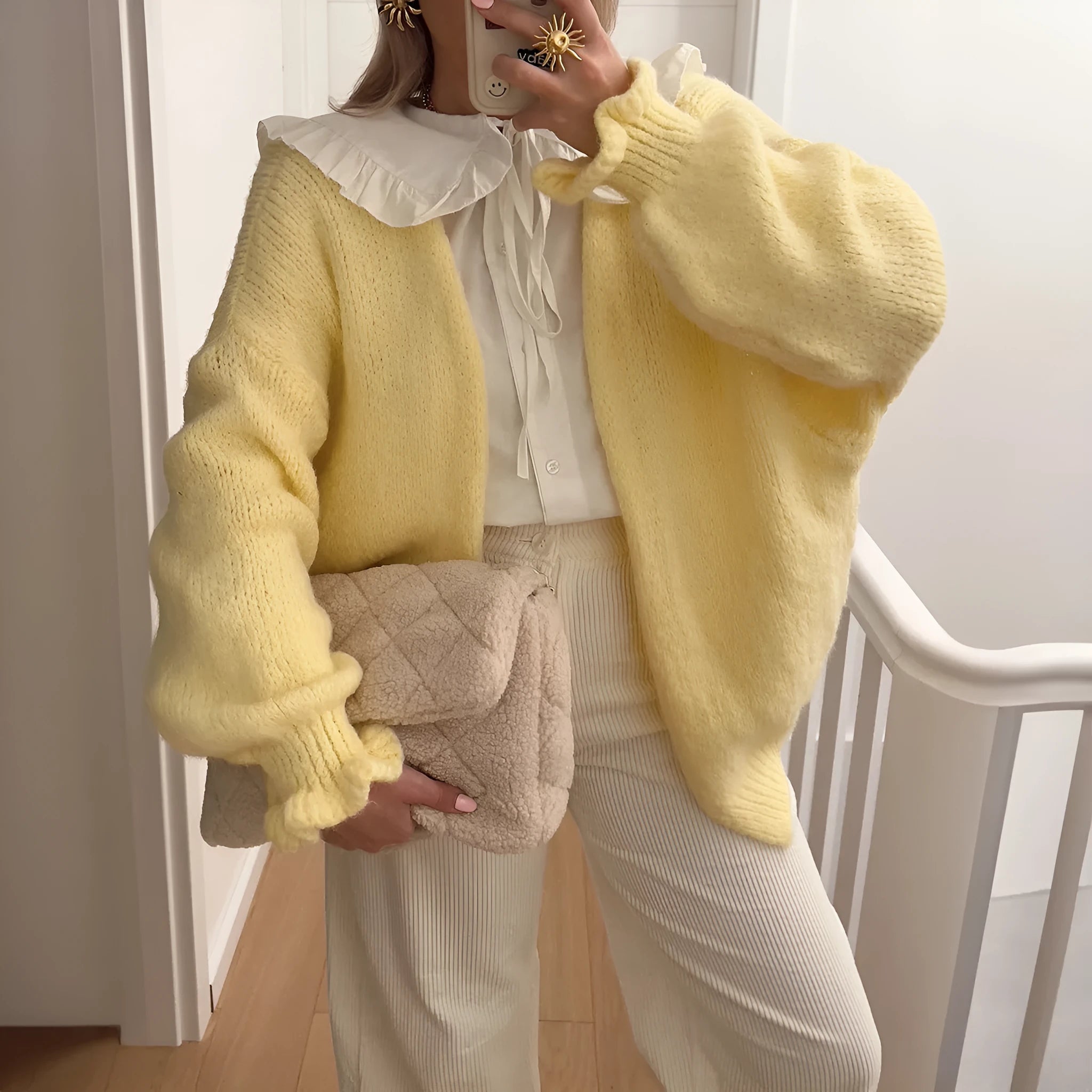 Yellow casual long-sleeved solid colour polyester shirt front view