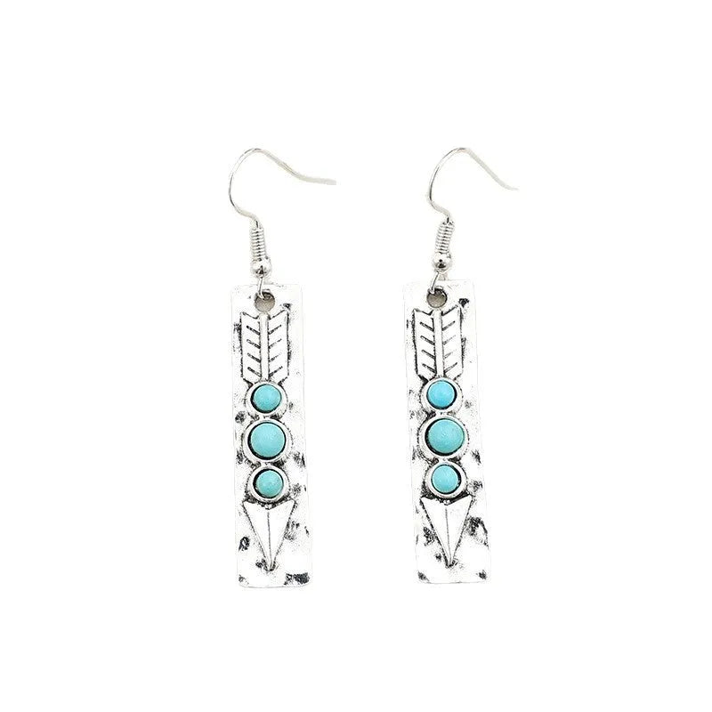 Silver geometric long strip earrings with turquoise inlay detailing and retro styling