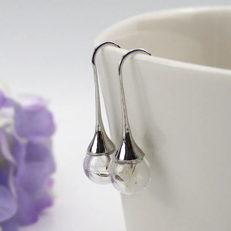 16mm transparent glass ball earrings with dandelion seed design on silver French hook