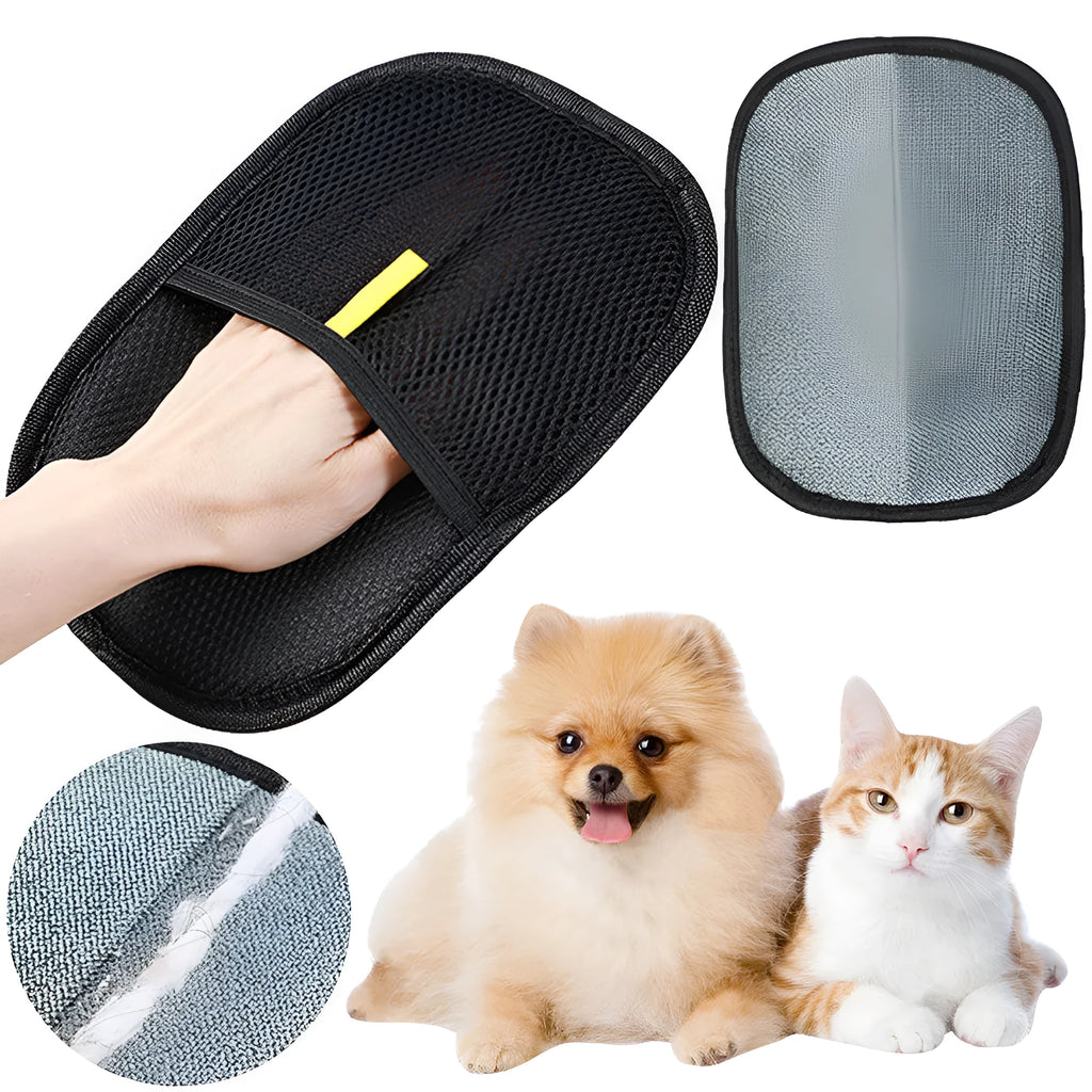Black pet hair remover glove with dual-sided silicone bristles for grooming dogs and cats.
