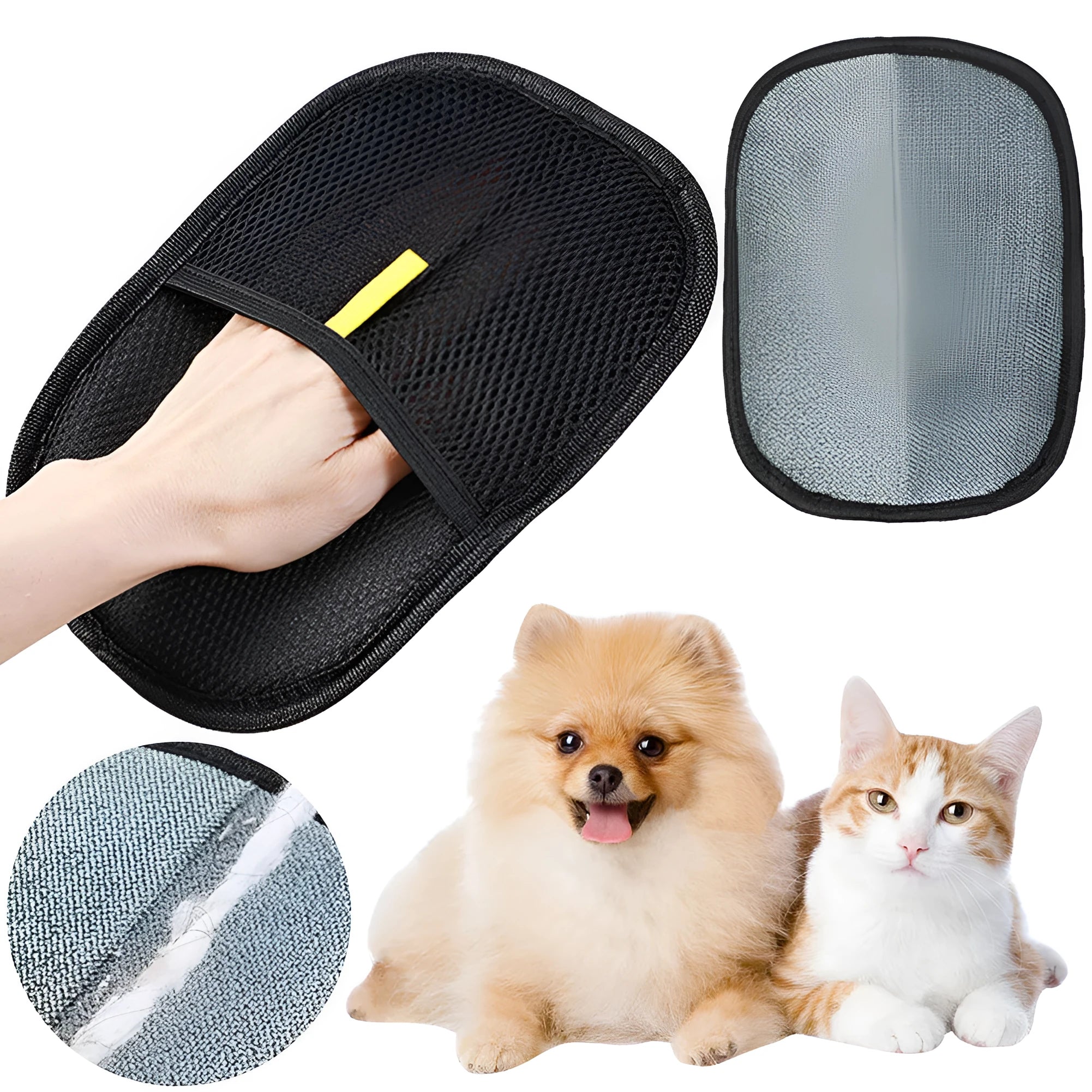 Black pet hair remover glove with dual-sided silicone bristles for grooming dogs and cats.