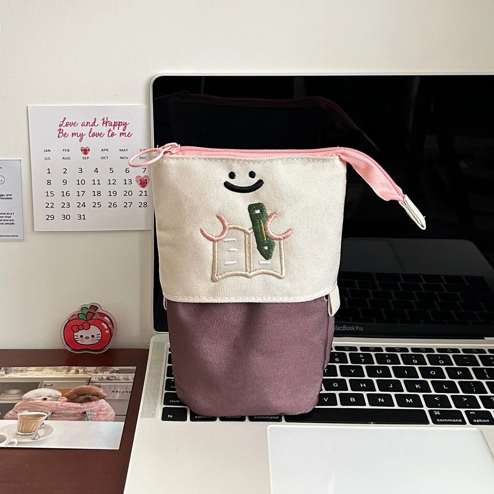 Brown Korean style collapsible pencil case with cartoon design measuring 17x14cm