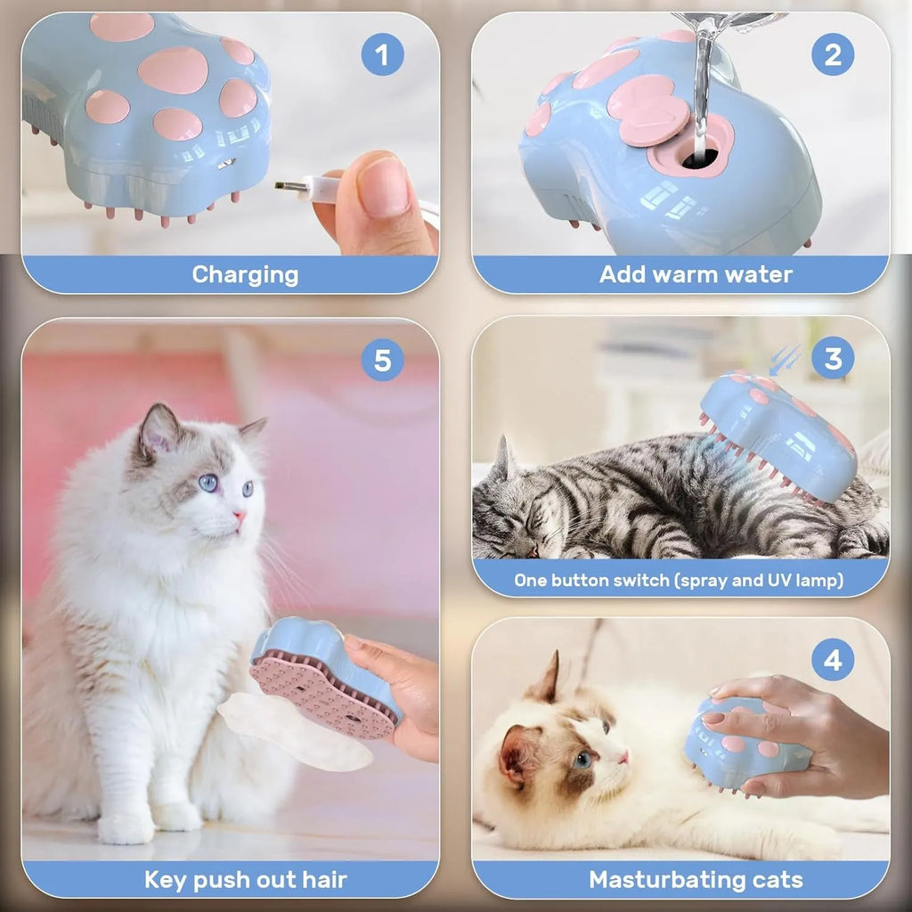 Blue self-cleaning cat steam brush with silicone bristles and a release button for pet grooming