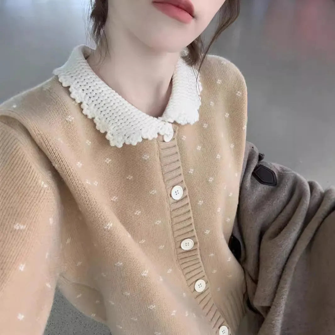 Cashmere knit cardigan with Peter Pan collar and floral embroidery in navy blue, apricot, grey colours