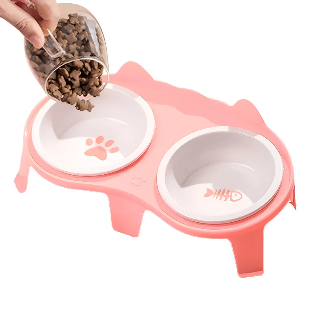 Blue ceramic pet bowl set elevated on a stand with a storage hook, showing food and water bowls.