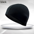 Black polyester adult swim cap with single stripe, unisex design for swimming