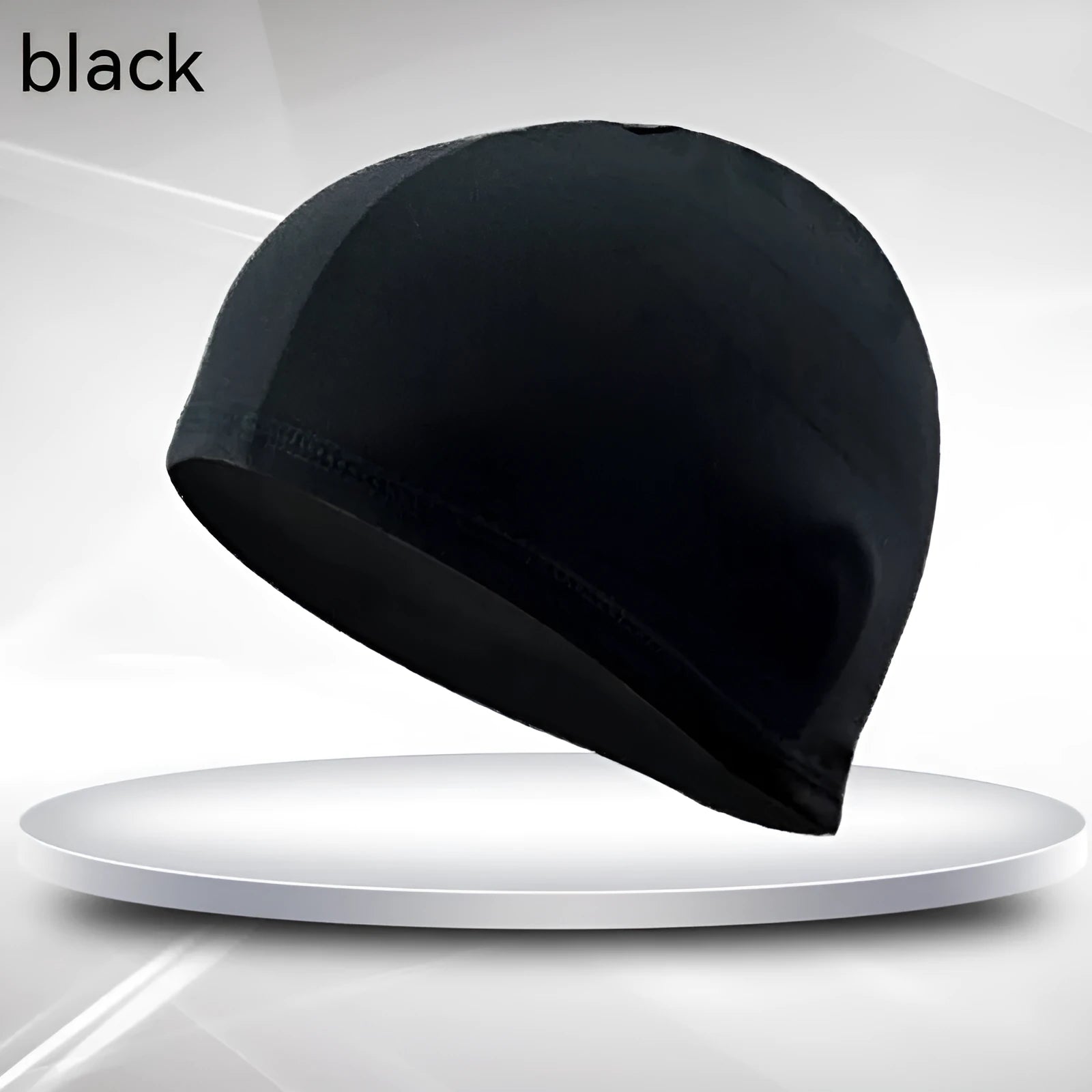 Black polyester adult swim cap with single stripe, unisex design for swimming