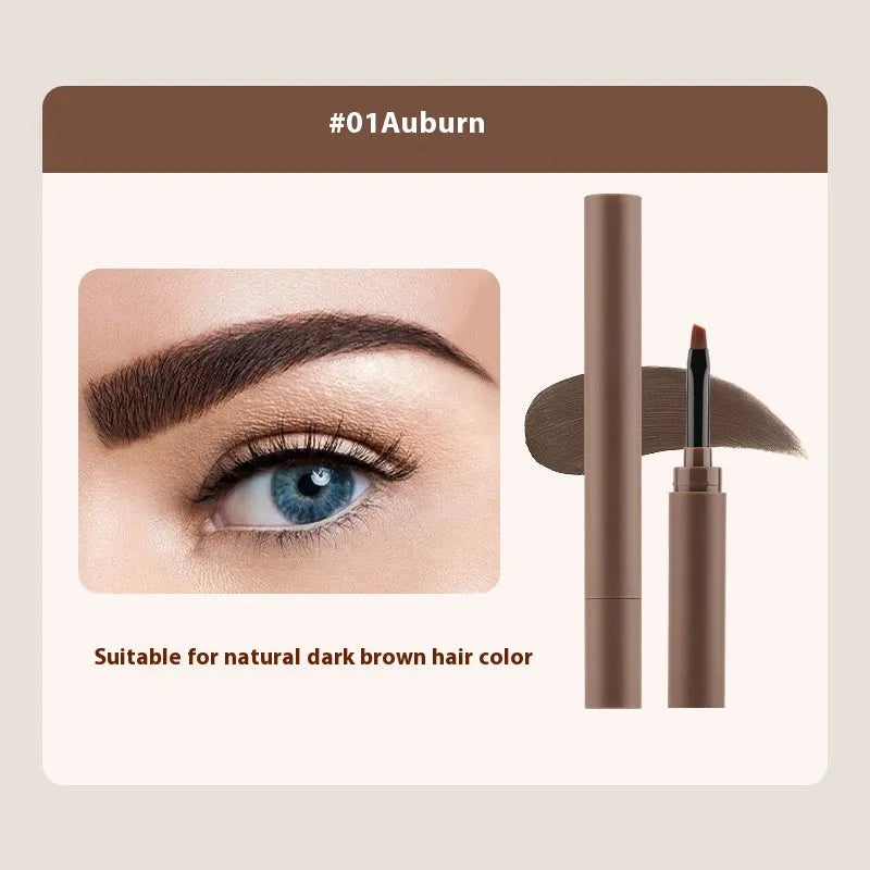 Double-headed eyebrow cream in five shades including reddish brown, brown, light brown, dark brown, and black