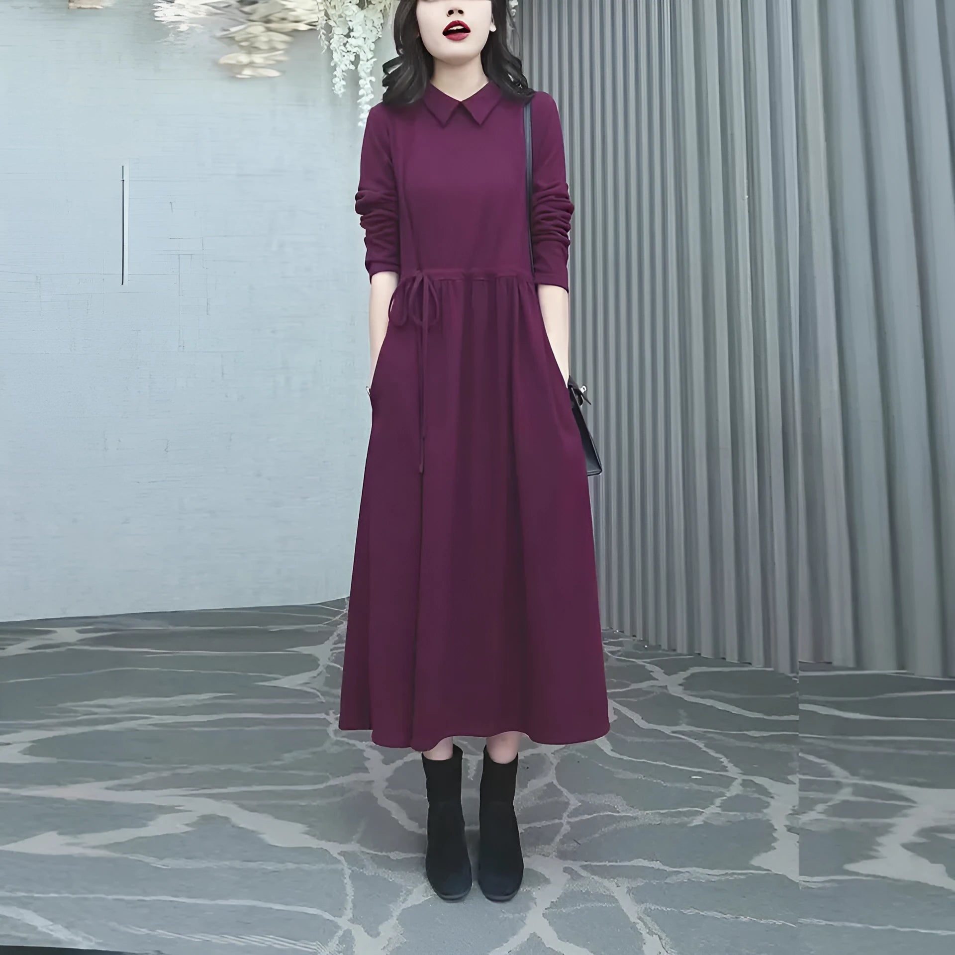 Purplish red plus size long sleeve midi dress for women's autumn winter commuting