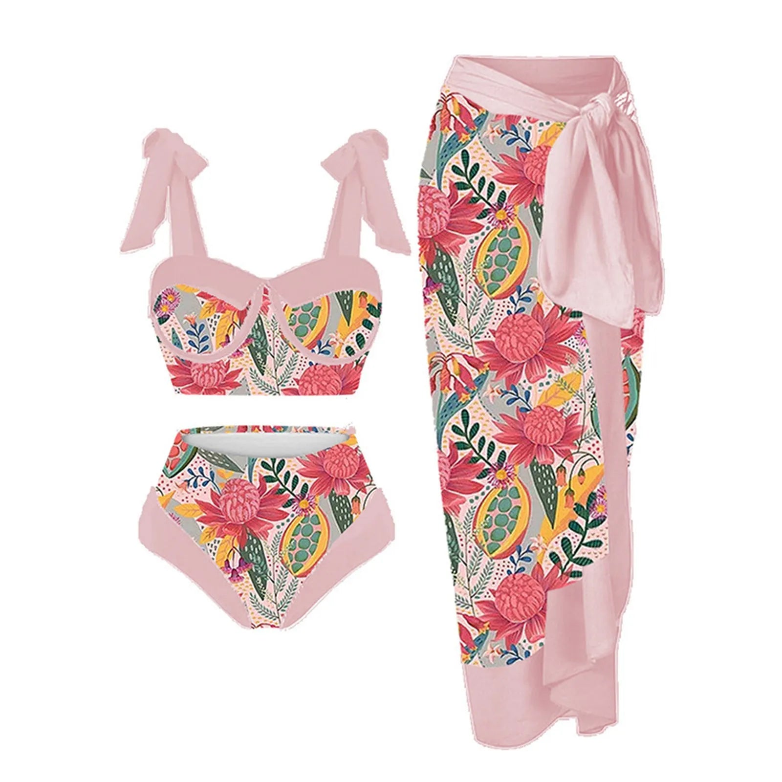 Women's printed three-piece swimsuit set showing bra top, skirt bottom and panties in floral pattern