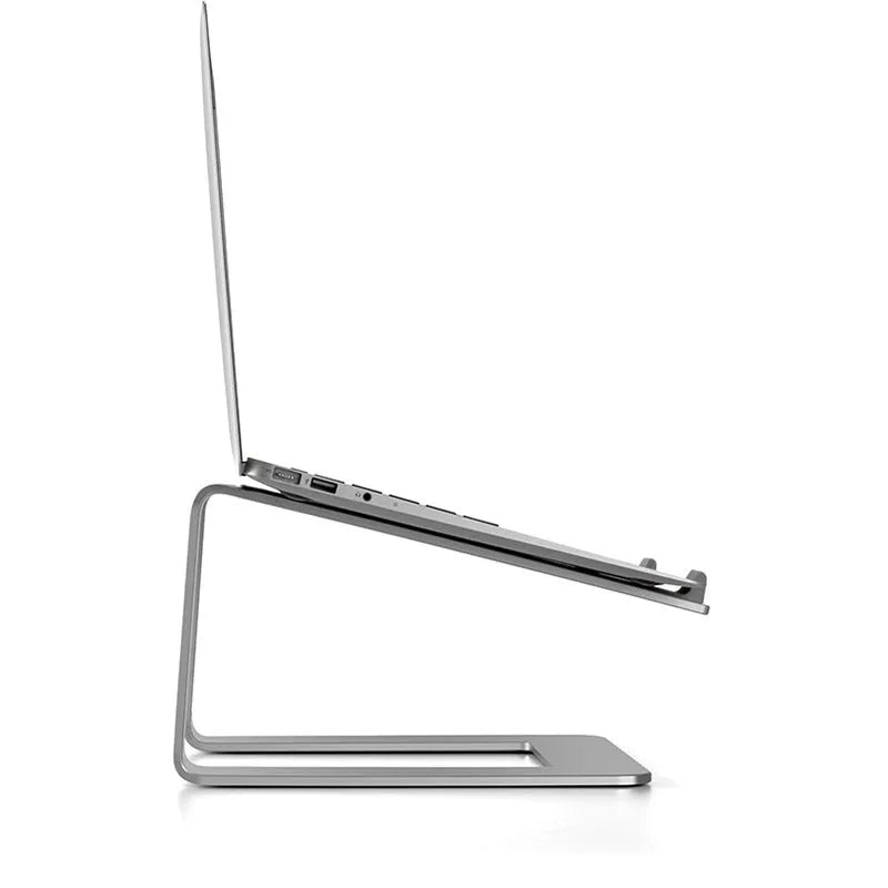 Black aluminium alloy laptop stand with open-frame design measuring 29.9cm wide on wooden desk