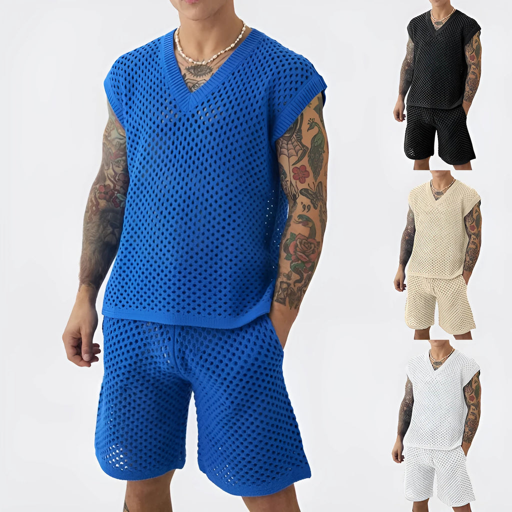 Men's blue knitted V-neck vest and matching shorts sports suit set on hanger