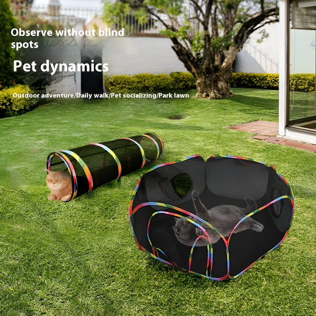 Foldable mesh cat cage in five shape options: hexagonal, long straight, tent, tee, and square configurations