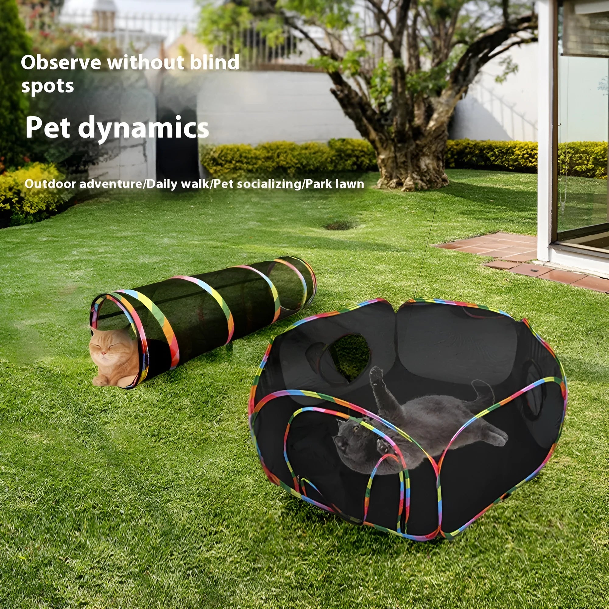 Foldable mesh cat cage in five shape options: hexagonal, long straight, tent, tee, and square configurations
