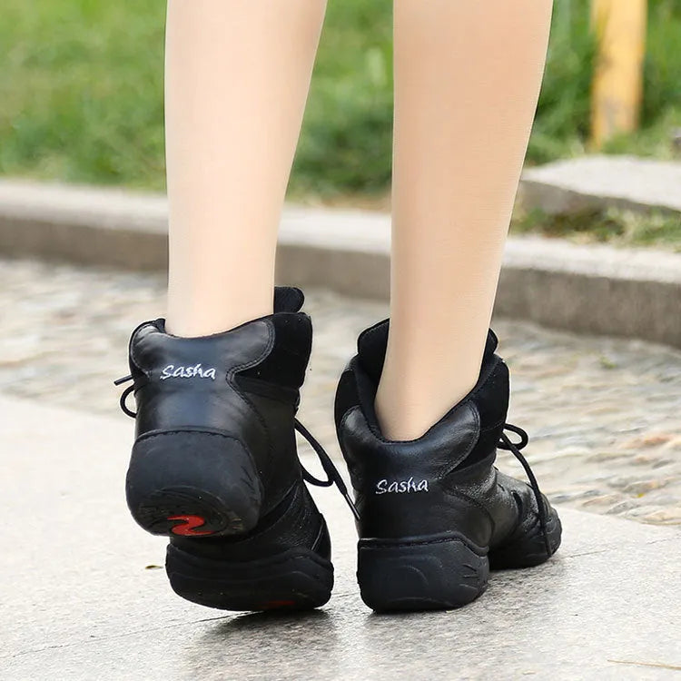 Square dance fitness shoes with black pigskin upper and rubber sole, soft sole design