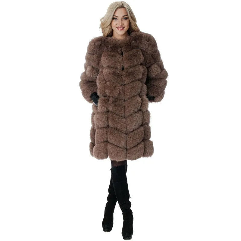 Women's long artificial fur coat in a choice of colours including black, camel, and wine red.