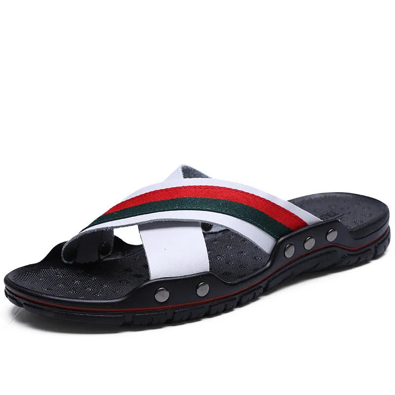 Men's white cowhide leather flip-flop beach shoes with non-slip PU soles.