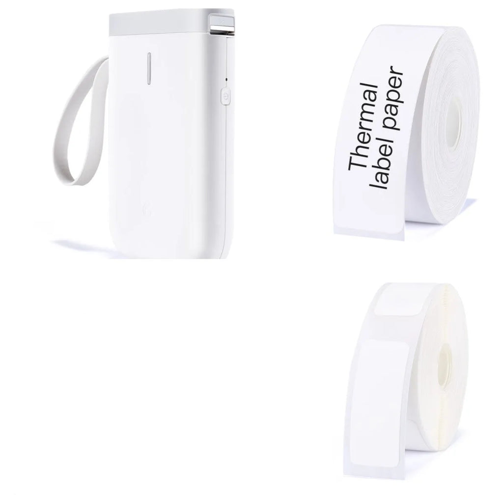 D11 Bluetooth label printer in black colour on a desk next to a smartphone showing the label design app.