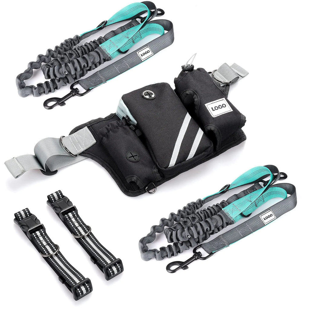 Black outdoor pet training waist bag with telescopic dog lead attached for hands-free walking