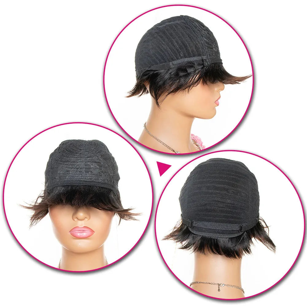 Short pixie cut human hair wig with bangs in natural black color