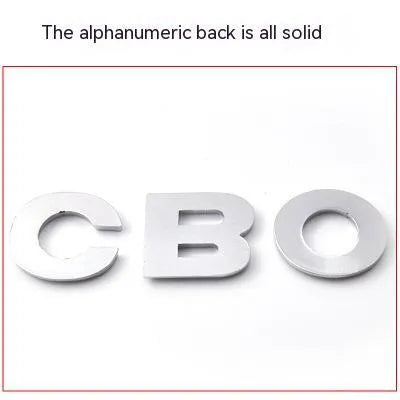 3D metal car letter stickers showing raised zinc alloy characters in black and silver finishes