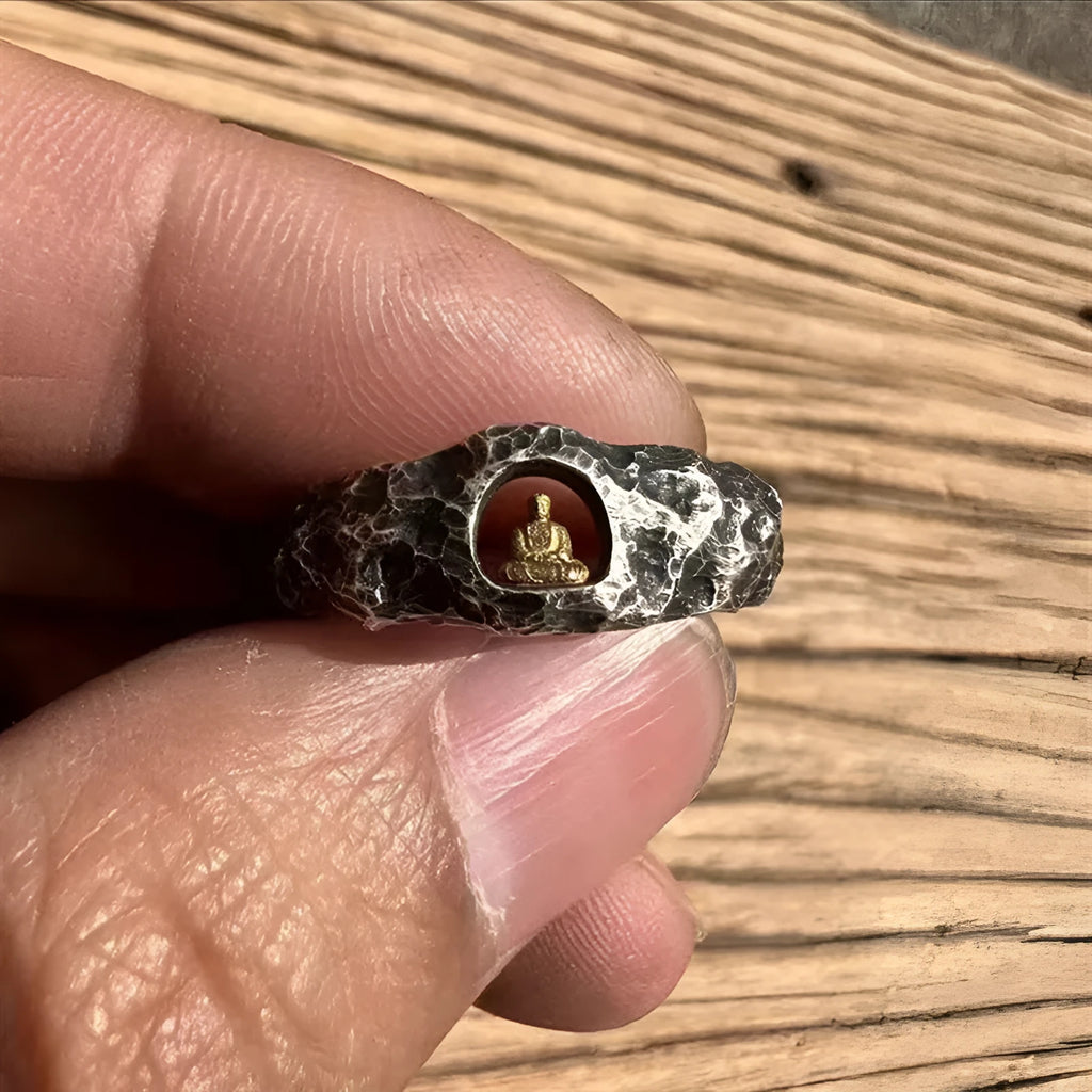 Copper grotto Buddha ring with rock texture surface, size 8 hand-forged jewellery