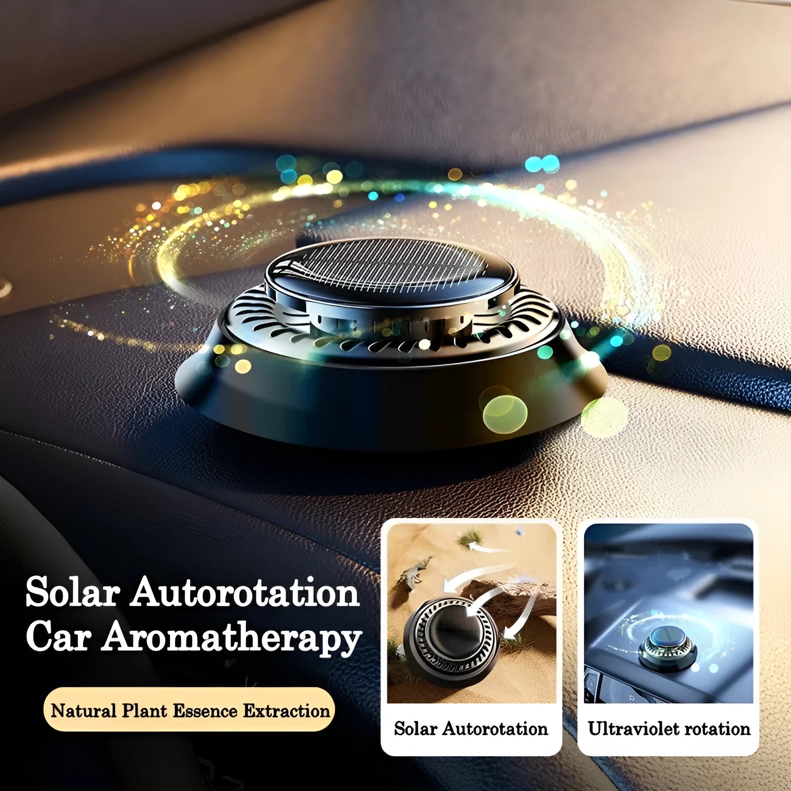 Solar-powered kinetic car air freshener with rotating double rings on a black plastic base.