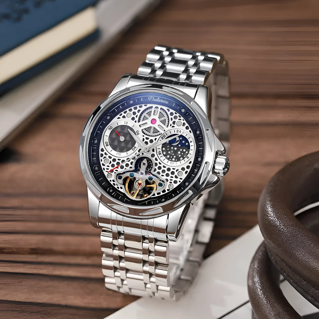 Men's black and white automatic business watch with luminous hands and waterproof construction