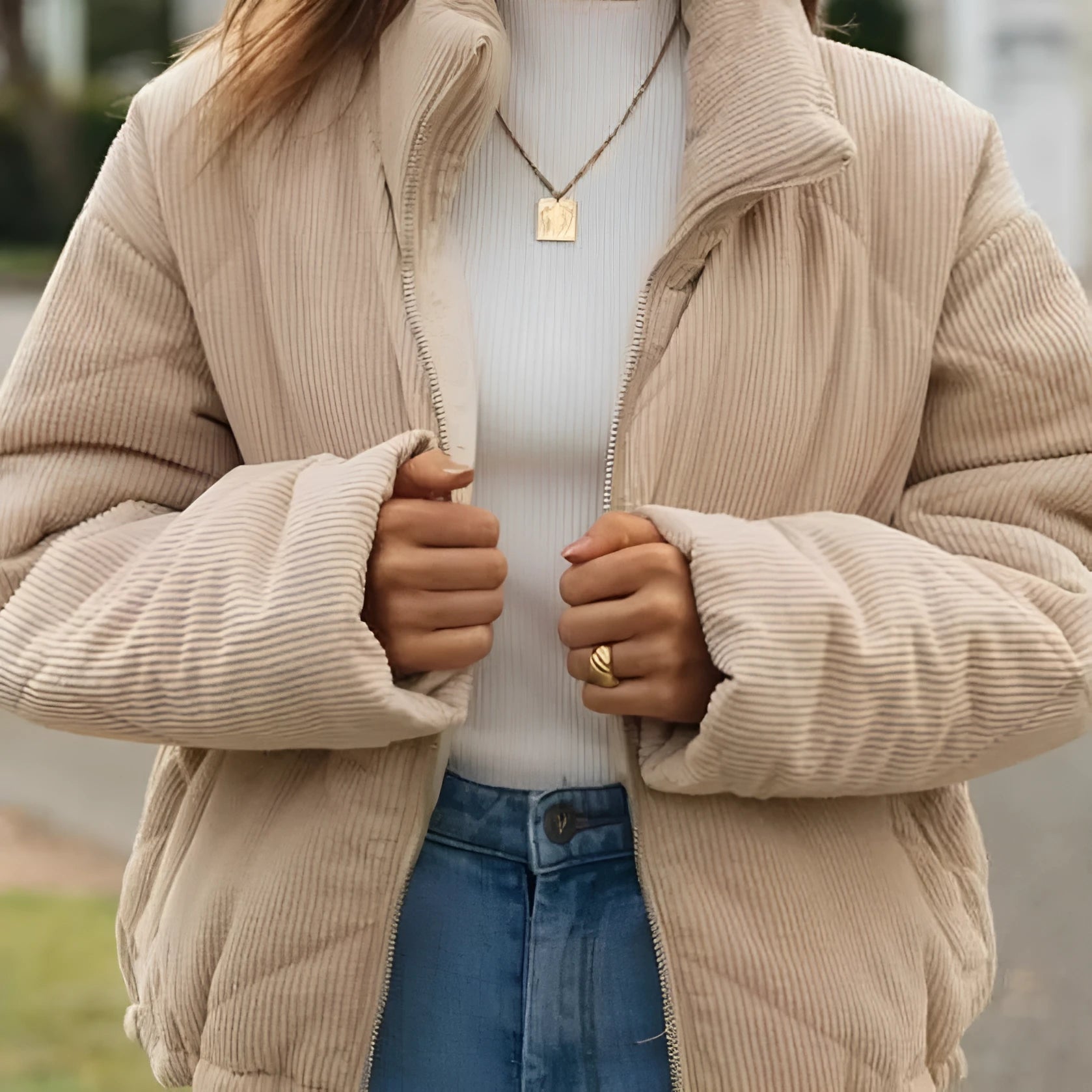 Apricot women's corduroy jacket with stand collar and front zipper