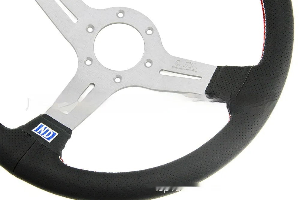 14-inch leather automotive steering wheel with concave centre design showing black skeleton construction