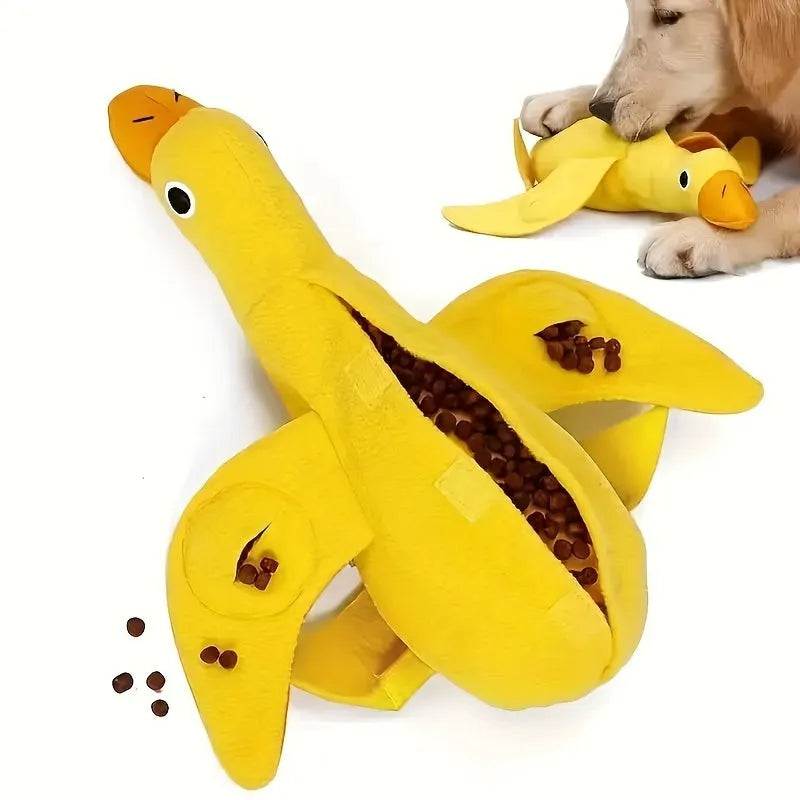 Yellow bone-shaped dog training toy with built-in duck sound chip and treat leakage compartments