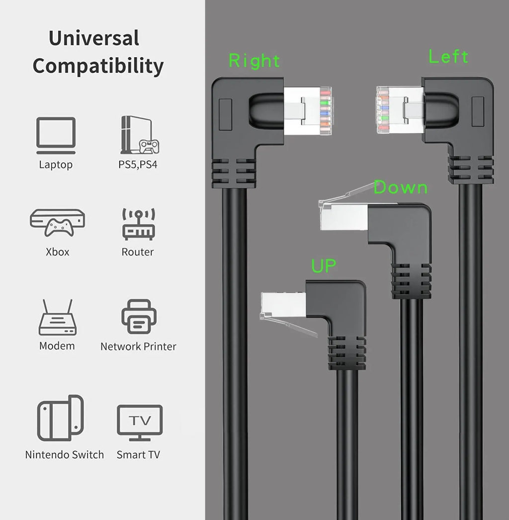 Cat6 Ethernet cable with right-angled metal RJ45 connector in various colours and lengths