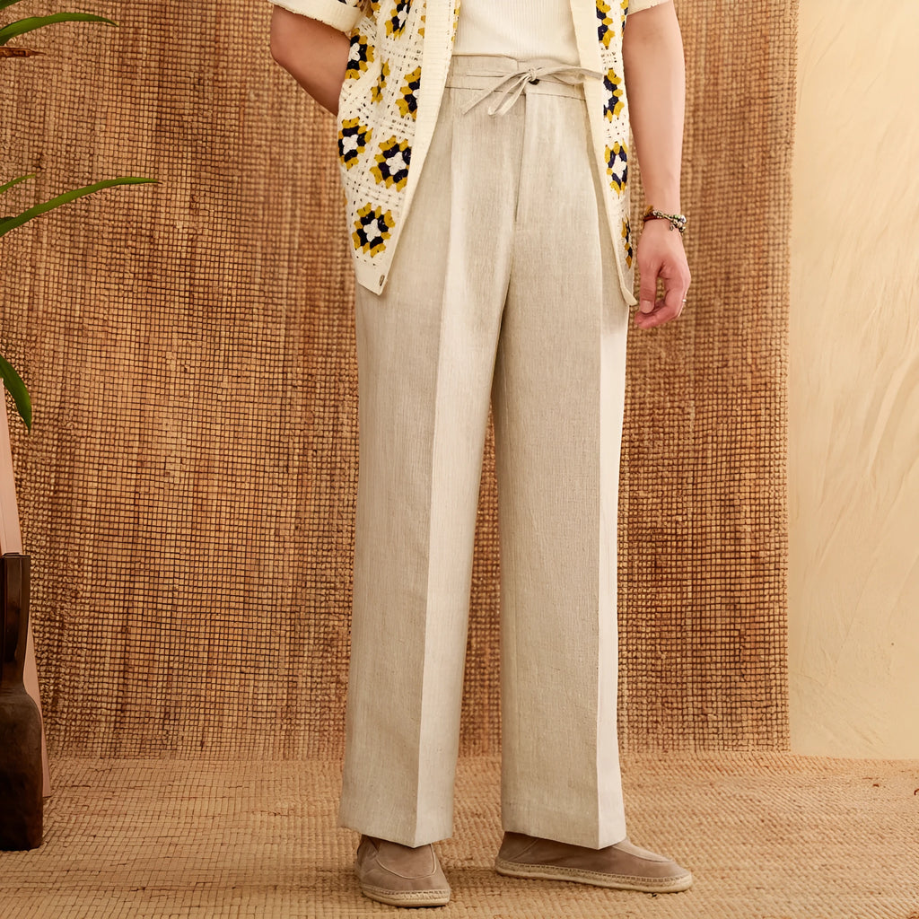 Linen loose high waist trousers with elasticated waistband in straight-leg cut