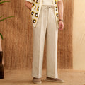 Linen loose high waist trousers with elasticated waistband in straight-leg cut