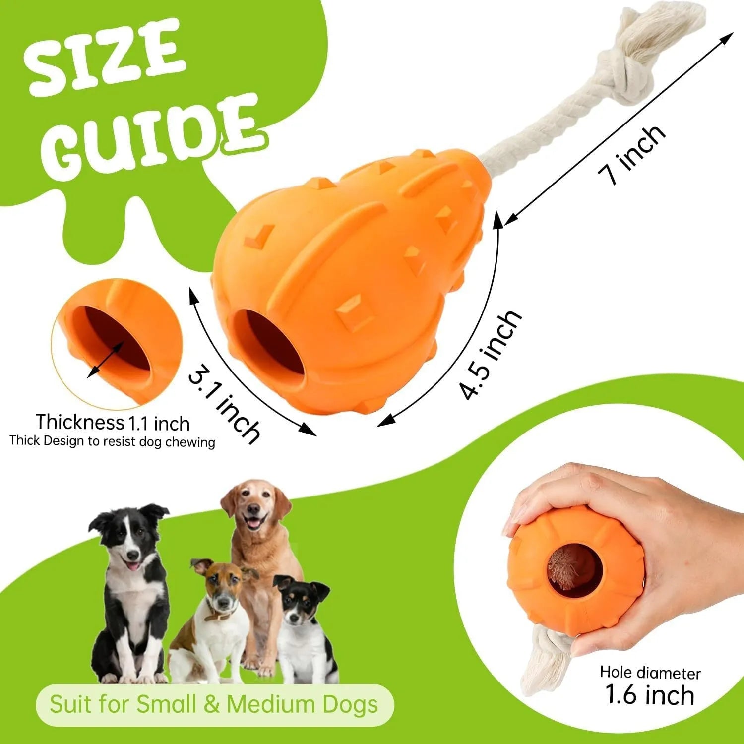 Natural rubber stuffable dog toy for small medium breeds, shown with treat filling and longer strap.