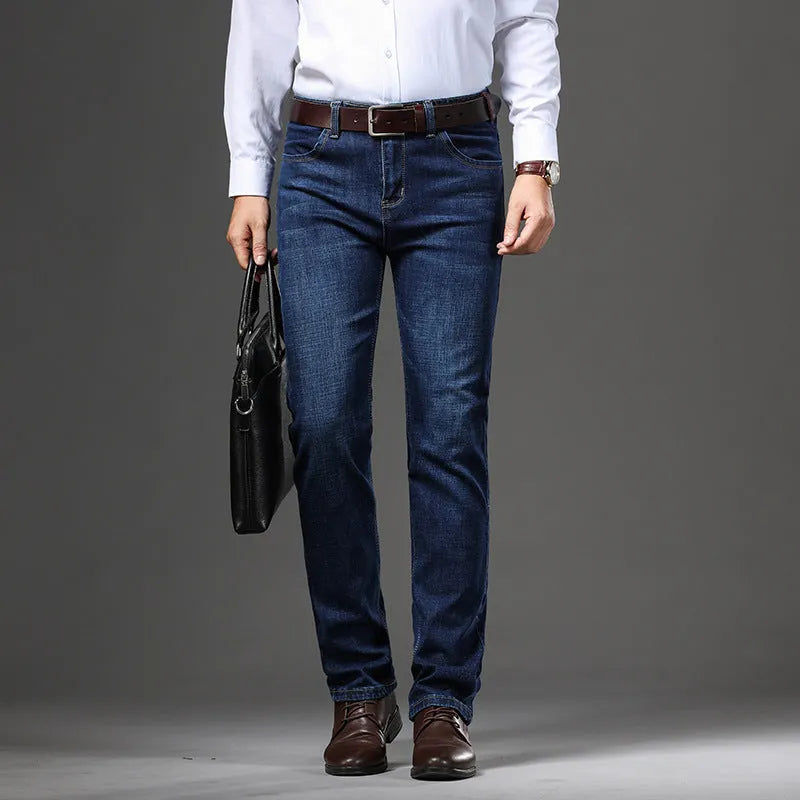 Women's stretch denim straight-leg trousers in black or blue available in plus sizes