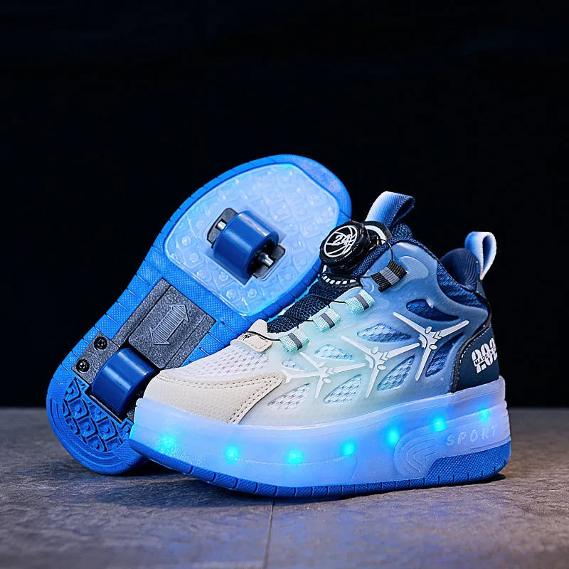 Blue children's roller skates with flash knob adjustment system and striped pattern