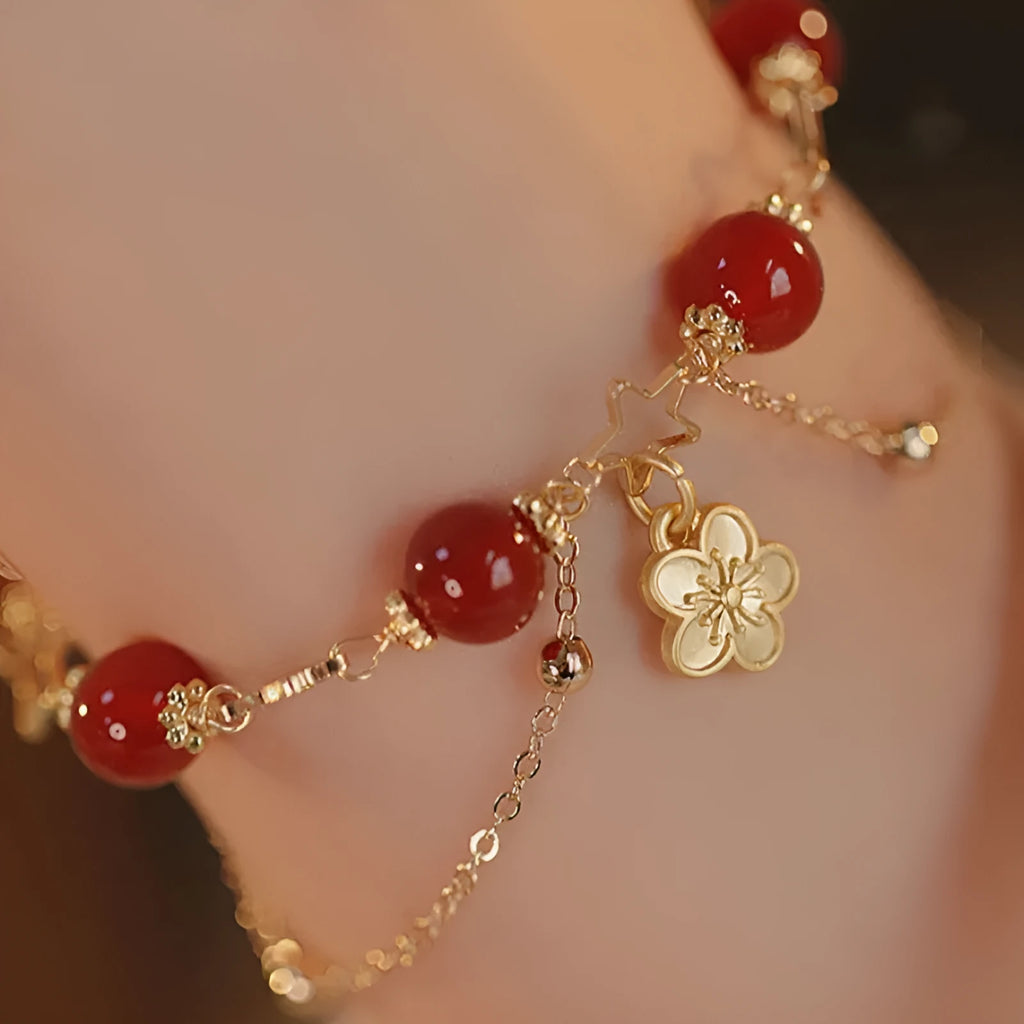 Natural red agate double layer bracelet with peach blossom decorations
