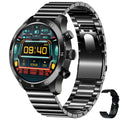 Black Bluetooth smart watch with steel strap on wrist, showing call and health tracking display