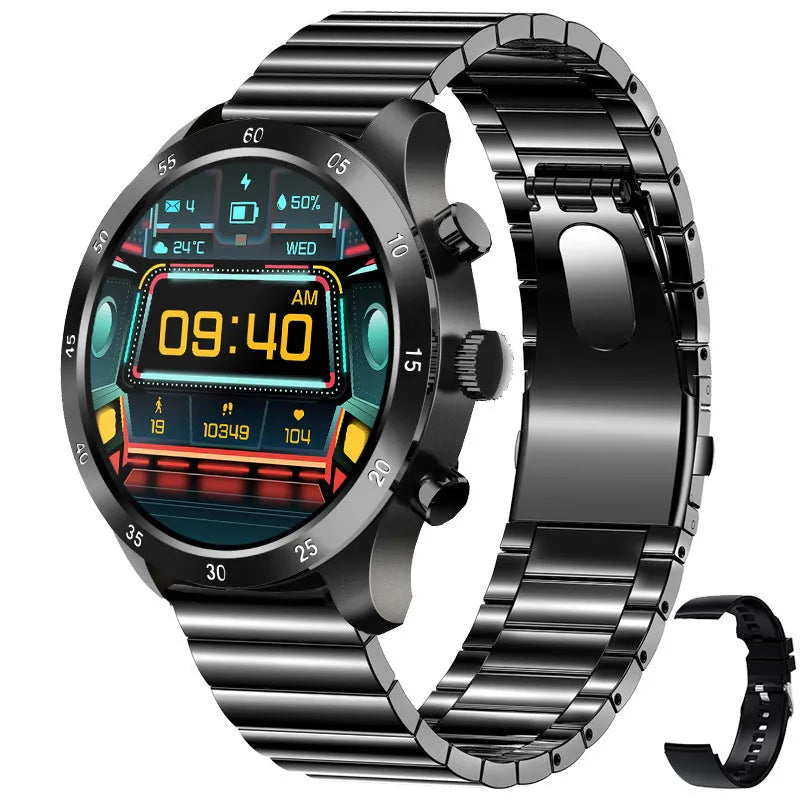 Black Bluetooth smart watch with steel strap on wrist, showing call and health tracking display