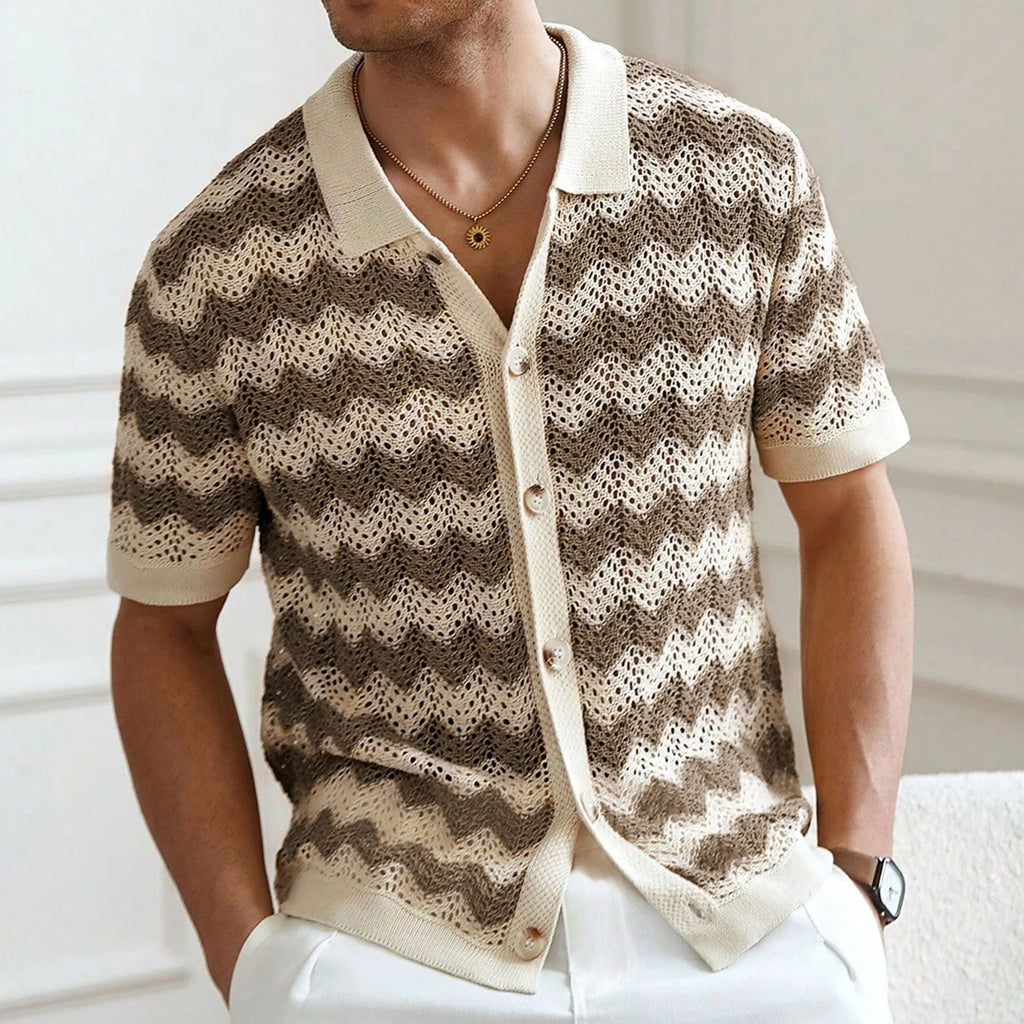Yellow hollow jacquard corrugated short sleeve sweater with flocking detail on hanger