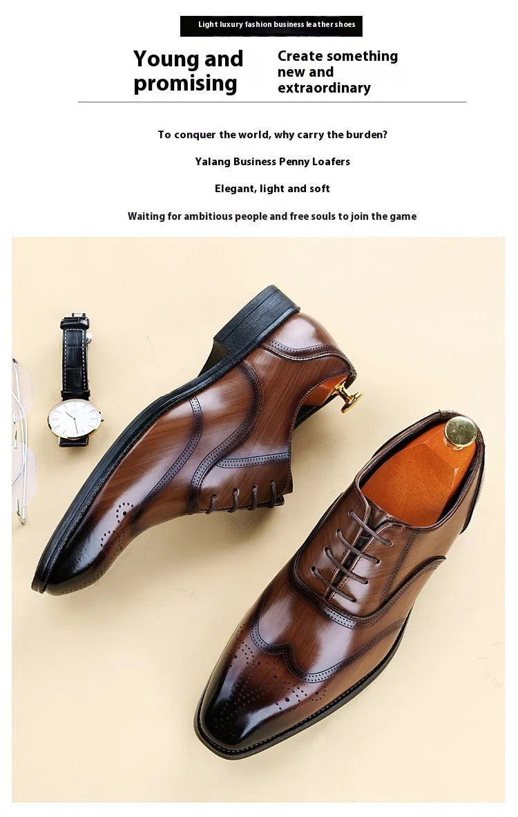 WC85505 Black formal leather brogue shoes for men with pointed-toe lace-up design, low heel, and rubber sole