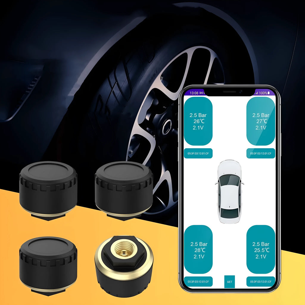 Black Bluetooth tyre pressure monitor set with four units for car tyre safety monitoring