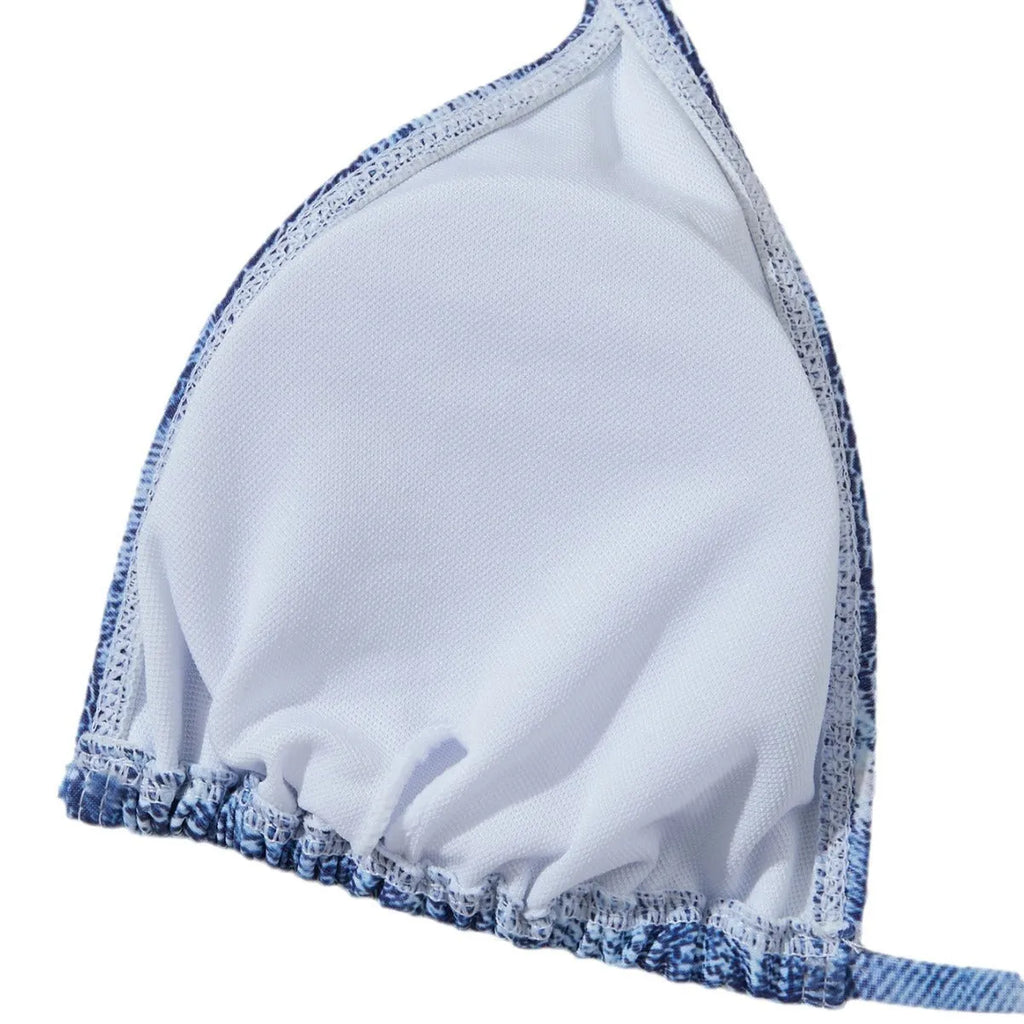 Women's denim blue printed bikini set with adjustable straps shown front and back