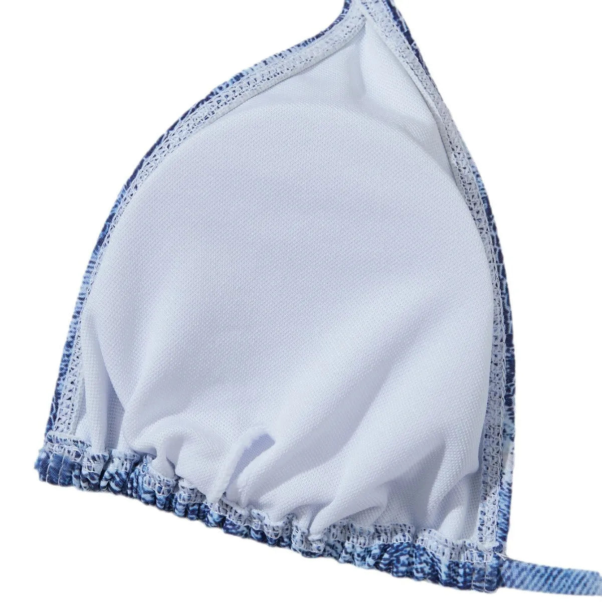 Women's denim blue printed bikini set with adjustable straps shown front and back
