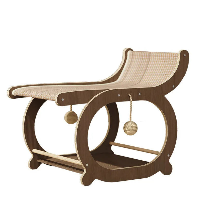 Solid wood cat bed recliner with integrated sisal scratching mat in walnut colour.
