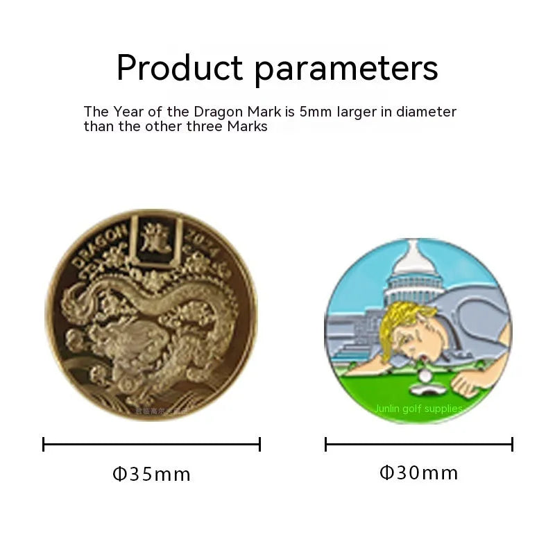 Zinc alloy golf hat clip showing engraved Dragon Year and other personalised pattern designs.